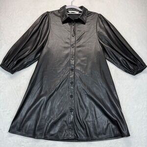 Zara Faux Leather‎ Shirt Dress Puff Sleeve Button Front XS